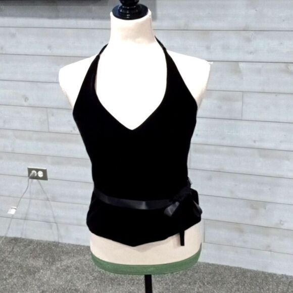 Xscape by Joanne Chen Black Velvet halter bustier with boning. Size 6P - Picture 1 of 4